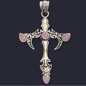 Pink Rose Quartz Sterling Silver 2.5” Cross Pendant-Goth